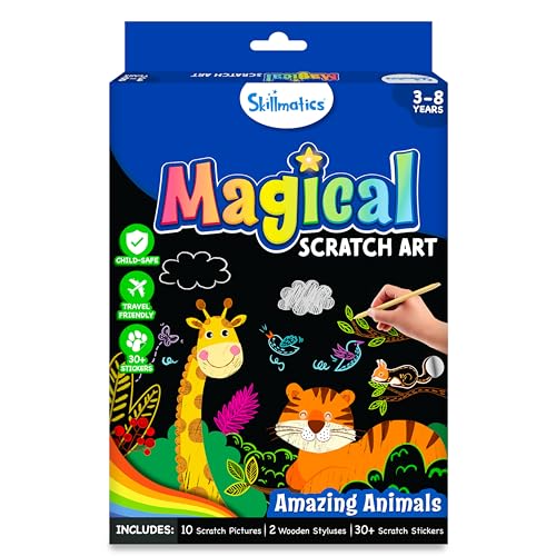 Skillmatics Scratch Art Book for Kids - Animals, Craft Kits & Supplies, 30+ Scratch Stickers, Travel Toys, DIY Kit, Gifts for Boys & Girls Ages 3, 4, 5, 6, 7, 8, Multicolour - Image 1