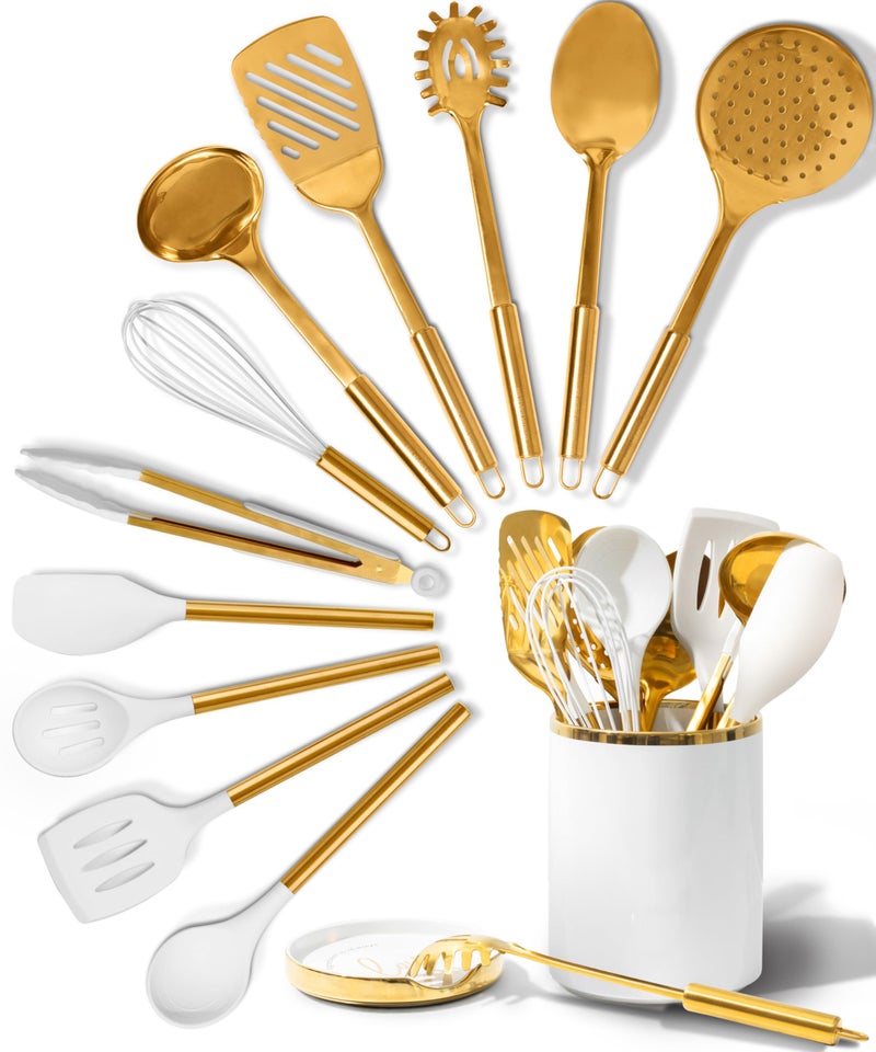 STYLED SETTINGS White and Gold Cooking Utensils Set 13Piece Set Includes Gold Kitchen Utensils Ceramic Utensil Holder and BuiltIn Spoon Rest Luxury Kitchen Accessories
