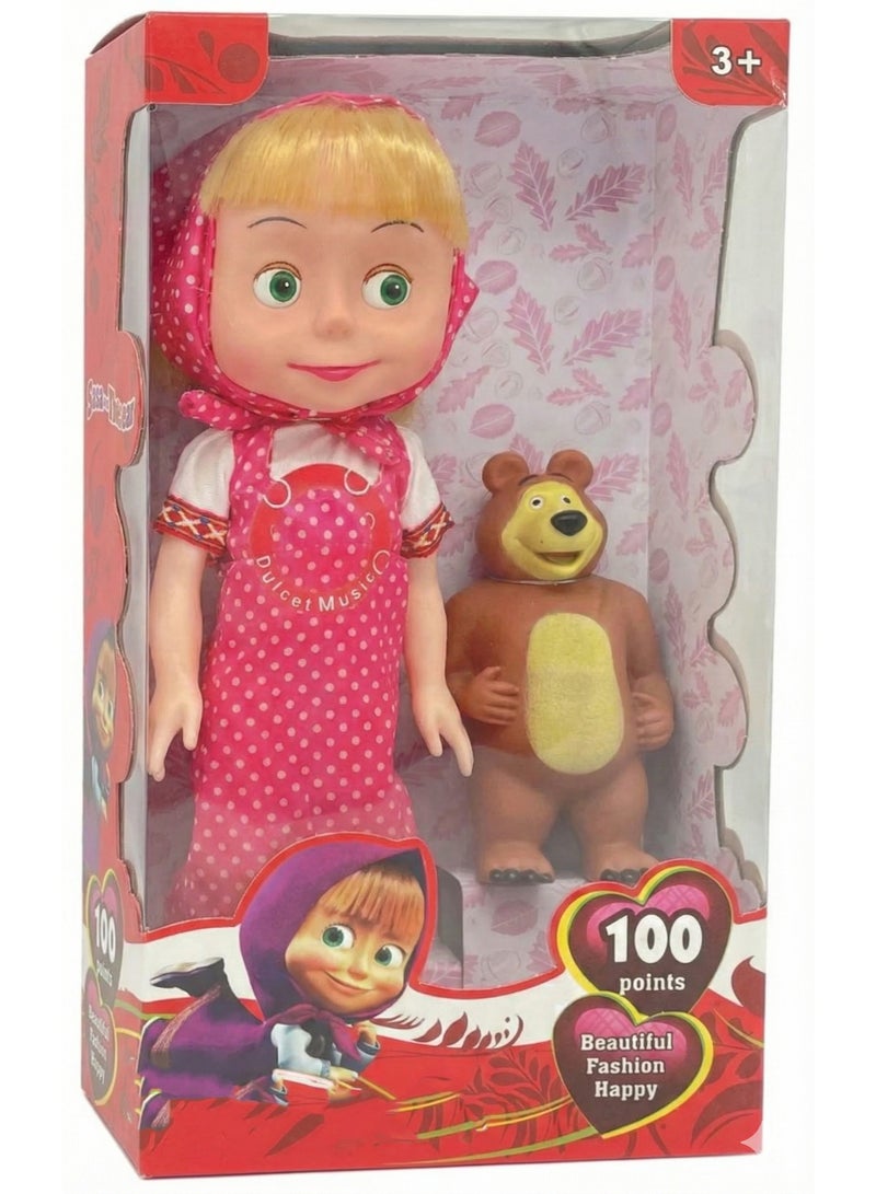 REZZOSS Plush Masha Doll with Bear Musical Toy Set for Girls – Singing Doll Sasa with Pink Polka Dot Outfit & Headscarf | Cute Masha Style Cartoon Character with Brown Bear Figure | Interactive Storytelling Playset | Birthday Gift for Toddlers 3+ - Image 1