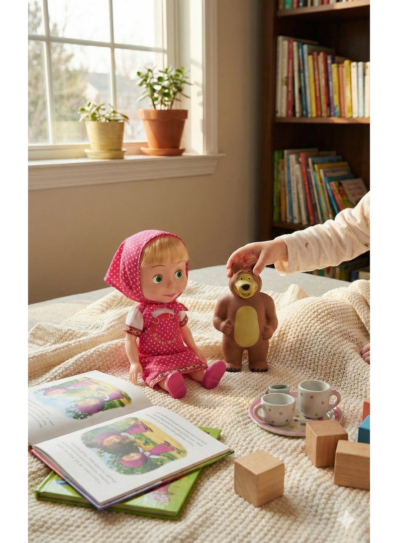 REZZOSS Plush Masha Doll with Bear Musical Toy Set for Girls – Singing Doll Sasa with Pink Polka Dot Outfit & Headscarf | Cute Masha Style Cartoon Character with Brown Bear Figure | Interactive Storytelling Playset | Birthday Gift for Toddlers 3+ - Image 4