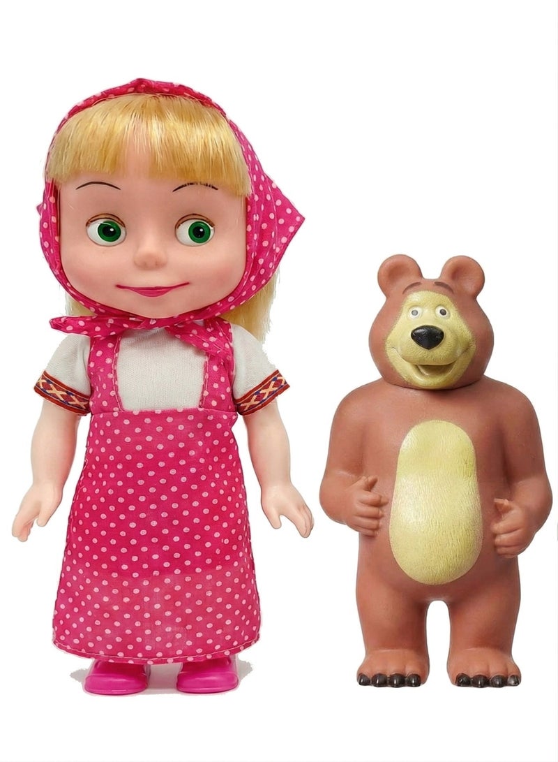 REZZOSS Plush Masha Doll with Bear Musical Toy Set for Girls – Singing Doll Sasa with Pink Polka Dot Outfit & Headscarf | Cute Masha Style Cartoon Character with Brown Bear Figure | Interactive Storytelling Playset | Birthday Gift for Toddlers 3+ - Image 2