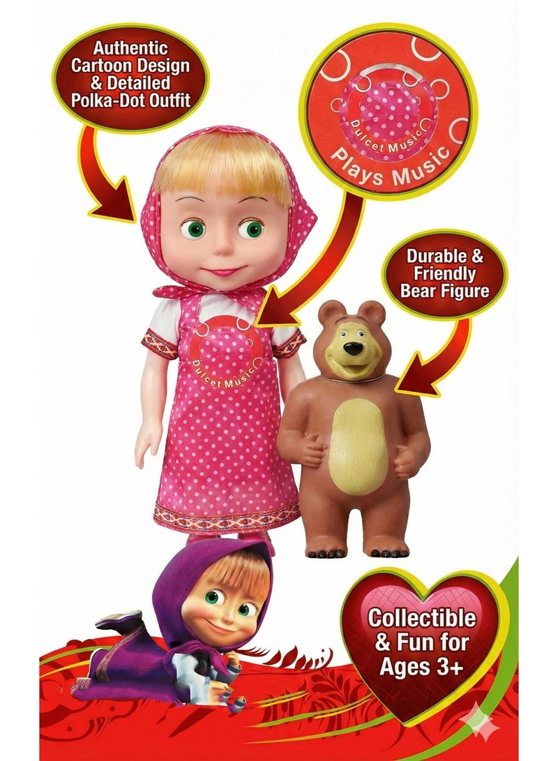 REZZOSS Plush Masha Doll with Bear Musical Toy Set for Girls – Singing Doll Sasa with Pink Polka Dot Outfit & Headscarf | Cute Masha Style Cartoon Character with Brown Bear Figure | Interactive Storytelling Playset | Birthday Gift for Toddlers 3+ - Image 3