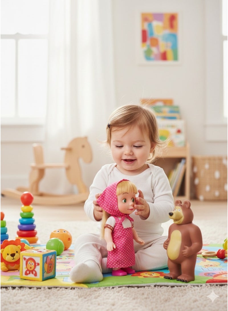 REZZOSS Plush Masha Doll with Bear Musical Toy Set for Girls – Singing Doll Sasa with Pink Polka Dot Outfit & Headscarf | Cute Masha Style Cartoon Character with Brown Bear Figure | Interactive Storytelling Playset | Birthday Gift for Toddlers 3+ - Image 5