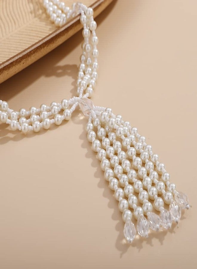 Aimimier Bohemian 3-Strand Faux Pearl Knotted Beads Necklace Long Pearl Tassel Pendant 1920s Flapper Costume Accessories for Women(White) - Image 4