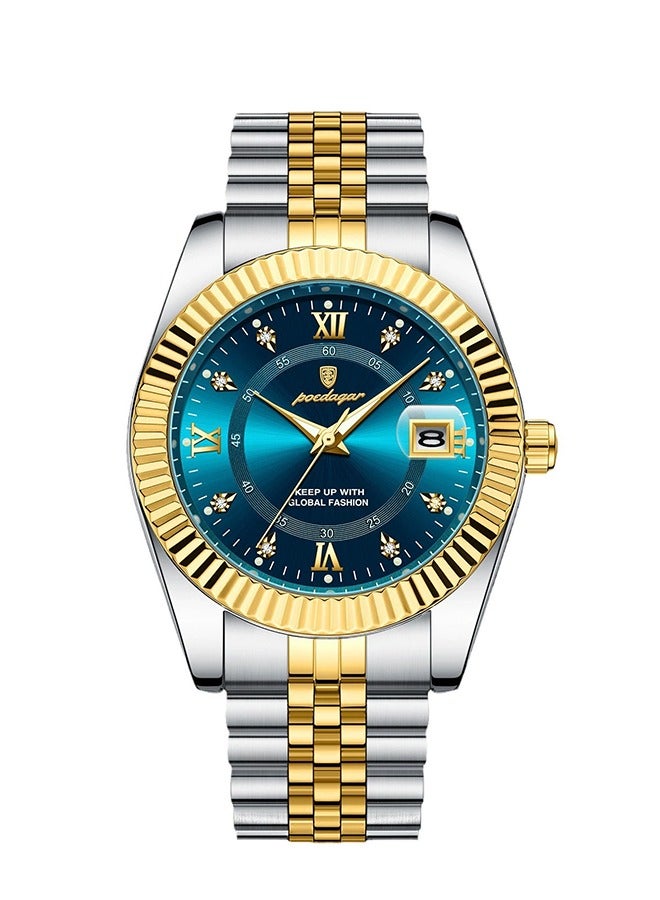 POEDAGAR ​​POEDAGAR Men's Blue Dial Quartz Watch - Date Display Function, Stainless Steel Bracelet for Business Casual and Formal Wear​​  - Image 1