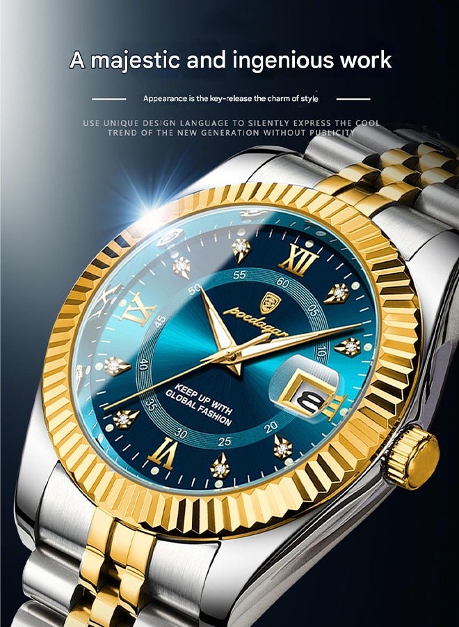 POEDAGAR ​​POEDAGAR Men's Blue Dial Quartz Watch - Date Display Function, Stainless Steel Bracelet for Business Casual and Formal Wear​​  - Image 2