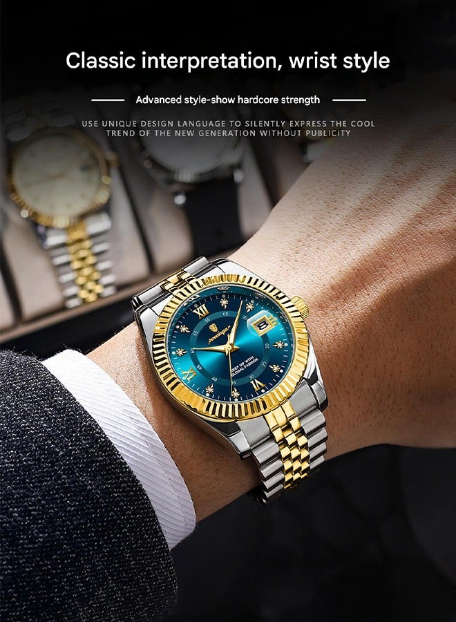 POEDAGAR ​​POEDAGAR Men's Blue Dial Quartz Watch - Date Display Function, Stainless Steel Bracelet for Business Casual and Formal Wear​​  - Image 3