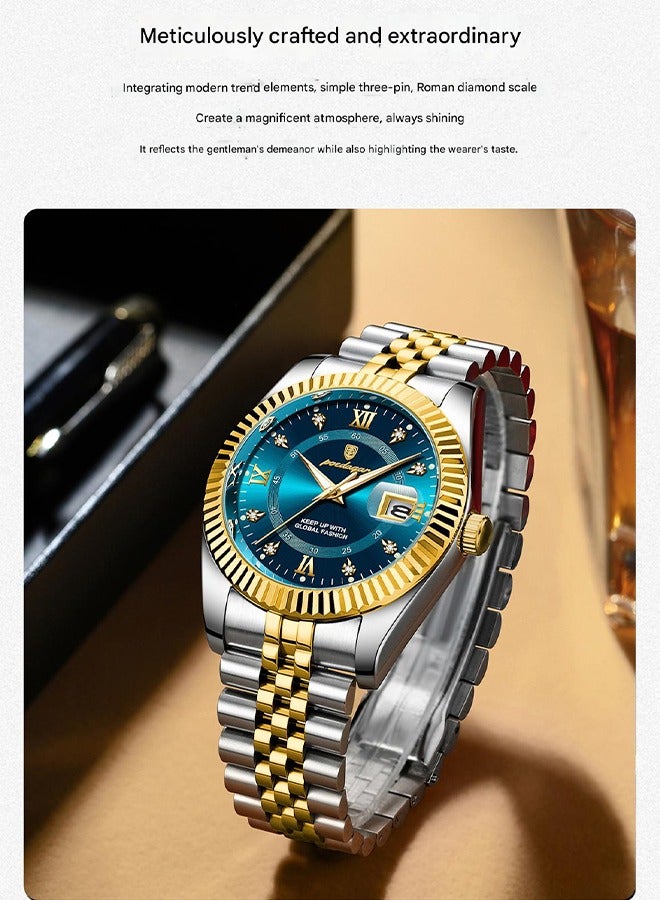 POEDAGAR ​​POEDAGAR Men's Blue Dial Quartz Watch - Date Display Function, Stainless Steel Bracelet for Business Casual and Formal Wear​​  - Image 5