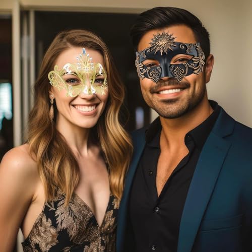 MYSEUNI 2025 New Black and Gold Masquerade Mask for Couples - Retro Roman Greek Venetian Mask & Metal Rhinestone Filigree Venetian Masks for Cosplay Halloween Party Mardi Gras Mascarade Ball - Image 4