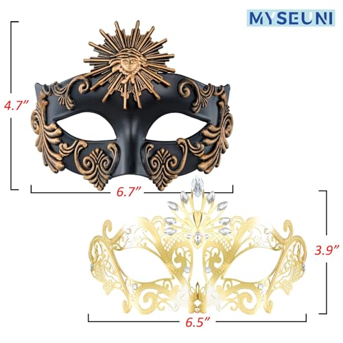 MYSEUNI 2025 New Black and Gold Masquerade Mask for Couples - Retro Roman Greek Venetian Mask & Metal Rhinestone Filigree Venetian Masks for Cosplay Halloween Party Mardi Gras Mascarade Ball - Image 2