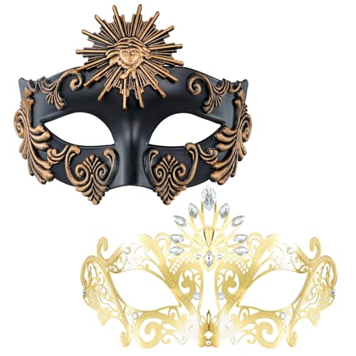 MYSEUNI 2025 New Black and Gold Masquerade Mask for Couples - Retro Roman Greek Venetian Mask & Metal Rhinestone Filigree Venetian Masks for Cosplay Halloween Party Mardi Gras Mascarade Ball - Image 1