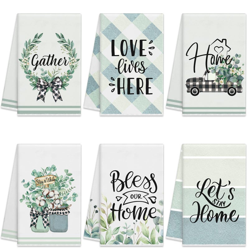 Kajaia 6 Pcs Farmhouse Kitchen Towels Eucalyptus Leaves Hand Towels 157 x 236 Inch Green Dish Cloths Rustic Home Absorbent Decorative Tea Dishcloths for Bathroom Decor Housewarming Gifts