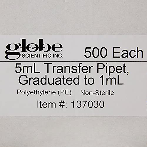 Globe Scientific Transfer Pipet, 137030-500, 5.0mL Capacity, Large Bulb, Non-Sterile, Graduated to 1mL, 145mm Length, Bulb Draw - 3.4mL, 500/Box - Image 3