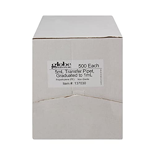 Globe Scientific Transfer Pipet, 137030-500, 5.0mL Capacity, Large Bulb, Non-Sterile, Graduated to 1mL, 145mm Length, Bulb Draw - 3.4mL, 500/Box - Image 2