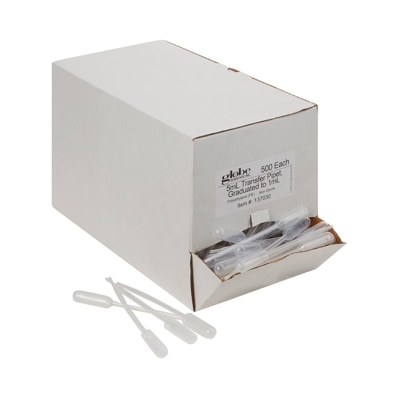 Globe Scientific Transfer Pipet, 137030-500, 5.0mL Capacity, Large Bulb, Non-Sterile, Graduated to 1mL, 145mm Length, Bulb Draw - 3.4mL, 500/Box - Image 5