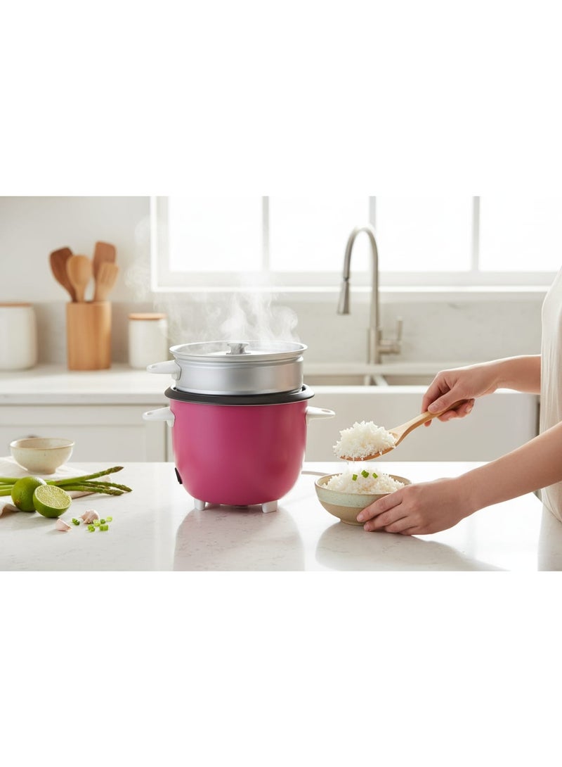 طباخة أرز كهربائية مع جهاز طهي بالبخار، مزودة بوعاء داخلي غير لاصق وغطاء، سعة 2.2 لتر، 850 واط، لون وردي - Image 1
