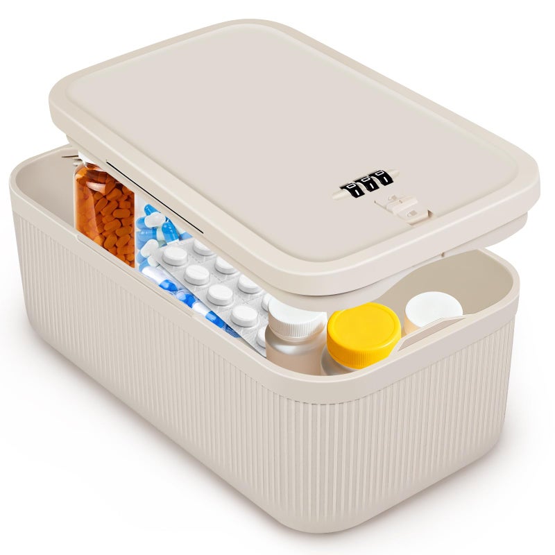 Seggmntree Small Lock Box,Lockable Storage Box with Combination Code for Medication Safe, Medicine Lock Box for Pills/First Aid Kits/Food/Snack Phone Jail,Locked Container for Home/Fridge/Office/School (Beige) - Image 1
