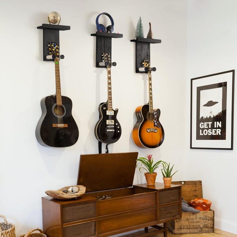Keebofly Guitar Wall Mount 3-Pack - Rustic Wood Guitar Hanger with Pick Holder for Acoustic, Electric, Bass Guitars & Ukulele (Matte Black, Screw-Mounted) [Patented] - Image 2