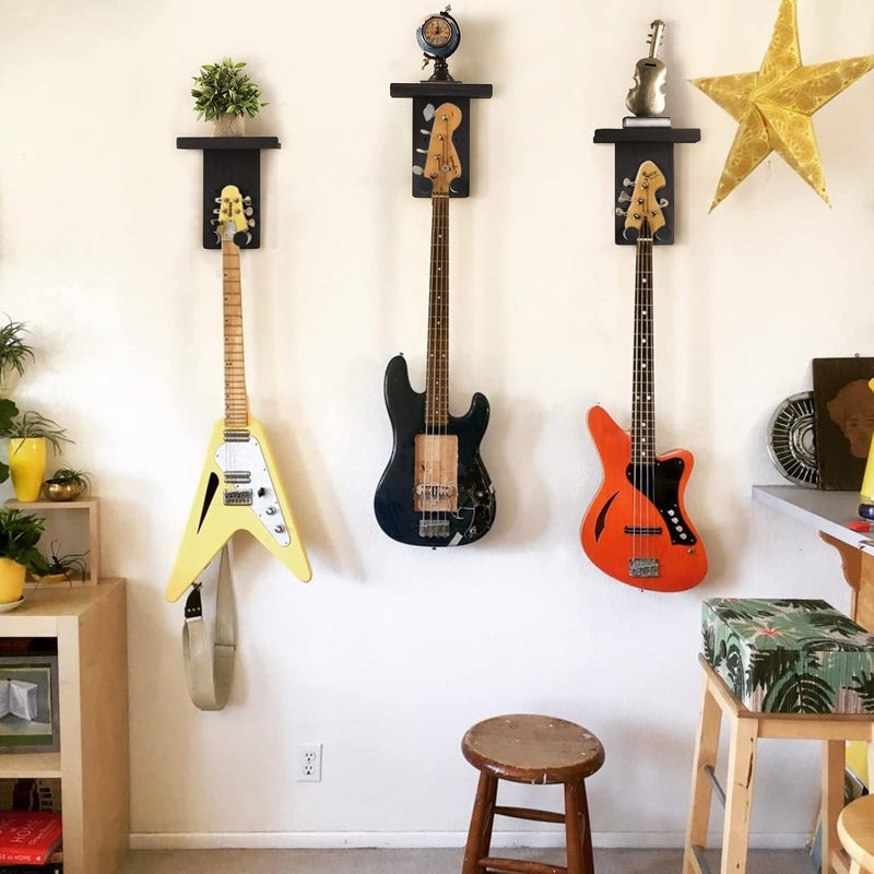 Keebofly Guitar Wall Mount 3-Pack - Rustic Wood Guitar Hanger with Pick Holder for Acoustic, Electric, Bass Guitars & Ukulele (Matte Black, Screw-Mounted) [Patented] - Image 5