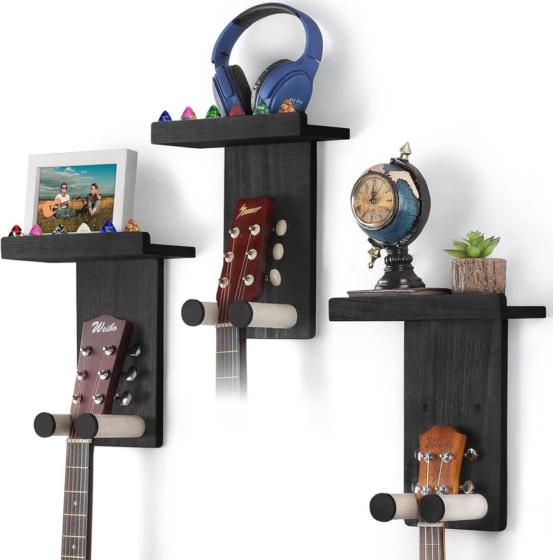Keebofly Guitar Wall Mount 3-Pack - Rustic Wood Guitar Hanger with Pick Holder for Acoustic, Electric, Bass Guitars & Ukulele (Matte Black, Screw-Mounted) [Patented] - Image 1