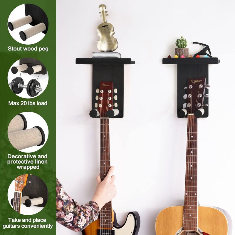 Keebofly Guitar Wall Mount 3-Pack - Rustic Wood Guitar Hanger with Pick Holder for Acoustic, Electric, Bass Guitars & Ukulele (Matte Black, Screw-Mounted) [Patented] - Image 3