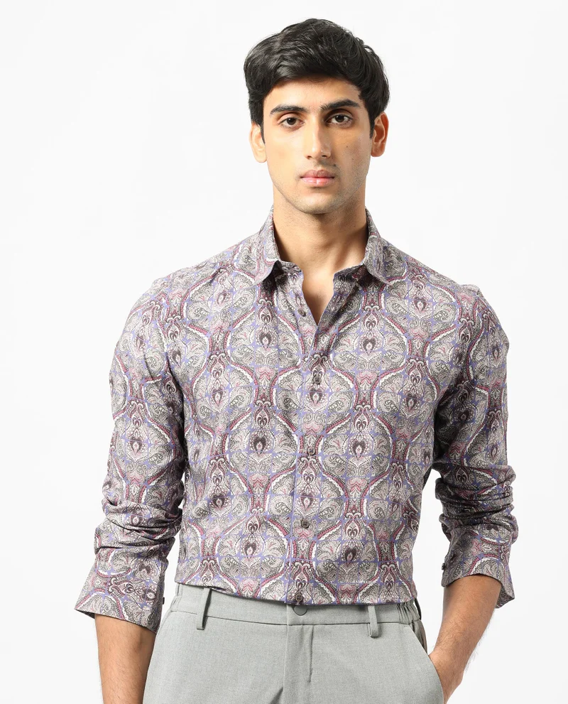 رير رابِت Rare Rabbit Men's Mosaic Purple Cotton Fabric Paisley Print Full Sleeves Shirt