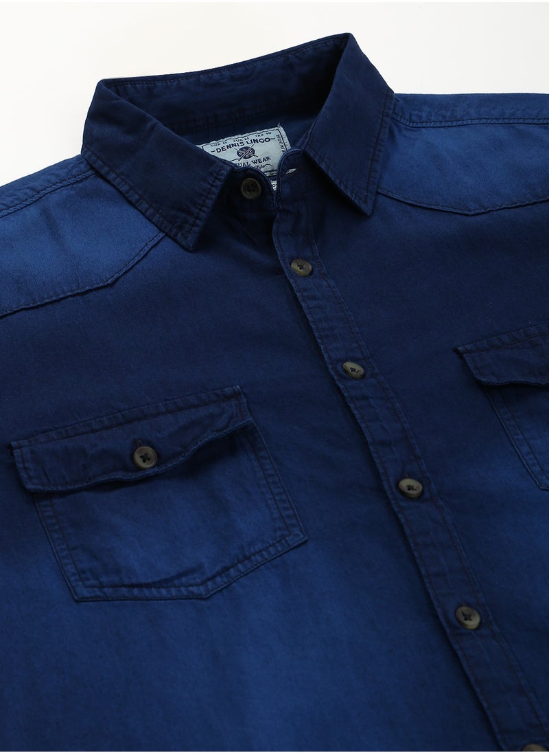 Dennis Lingo Slim Fit Dark Blue Men's Solid Shirt, Spread Collar, Full Sleeves, 100% Cotton,  - Image 3