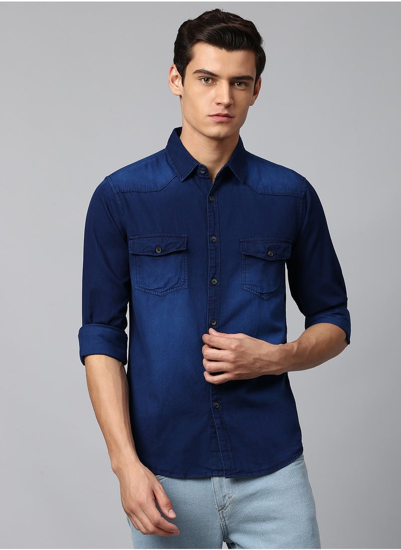 Dennis Lingo Slim Fit Dark Blue Men's Solid Shirt, Spread Collar, Full Sleeves, 100% Cotton,  - Image 2