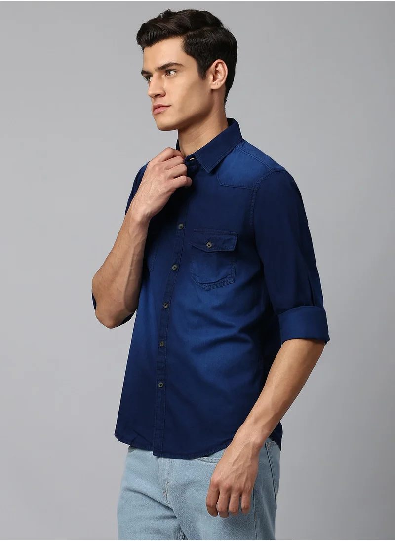 دينيس لينغو Slim Fit Dark Blue Men's Solid Shirt, Spread Collar, Full Sleeves, 100% Cotton