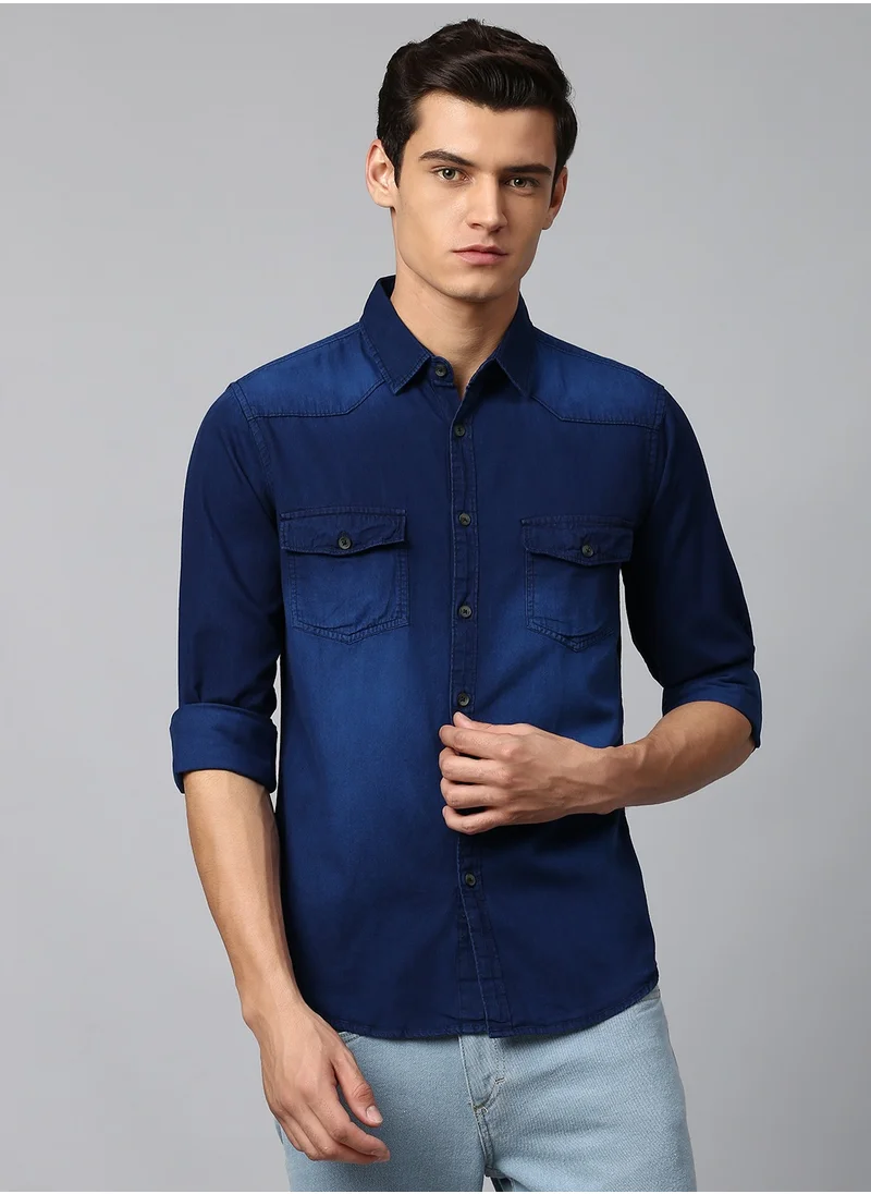 دينيس لينغو Slim Fit Dark Blue Men's Solid Shirt, Spread Collar, Full Sleeves, 100% Cotton