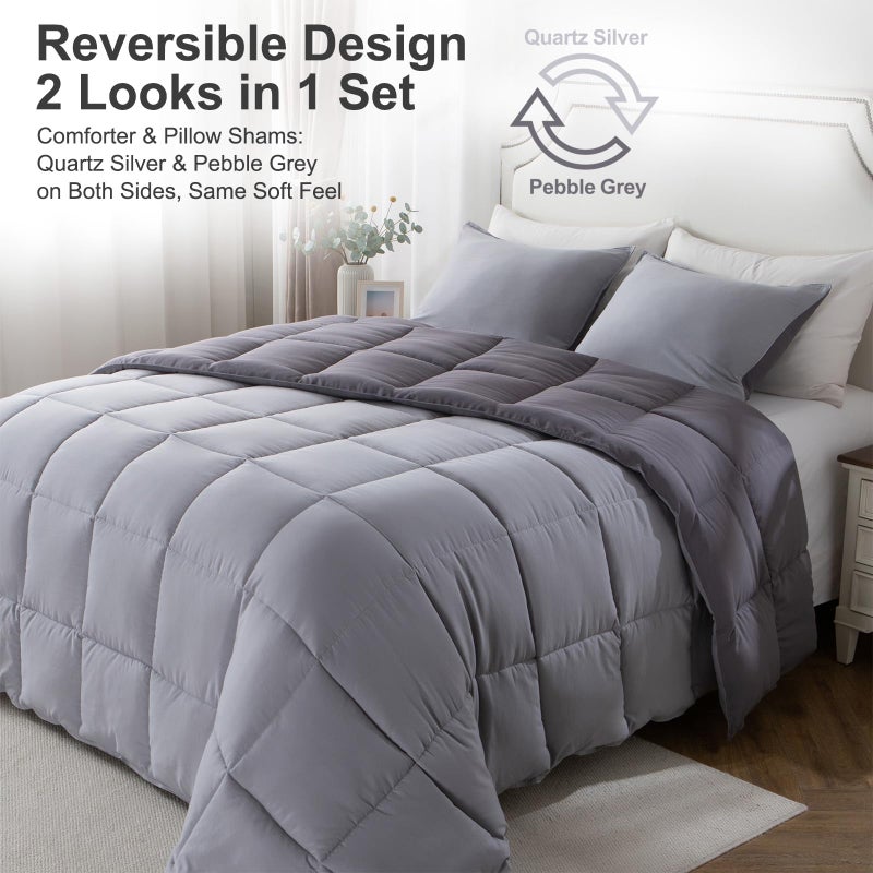 KASENTEX Twin/Twin XL Comforter Set â€“ Reversible Dual Color â€“ Goose Down Alternative â€“ Ultra-Soft, Lightweight, Machine Washable, Maintain Fluffiness, All Season Warmth (Quartz Silver/Pebble Grey) - Image 2