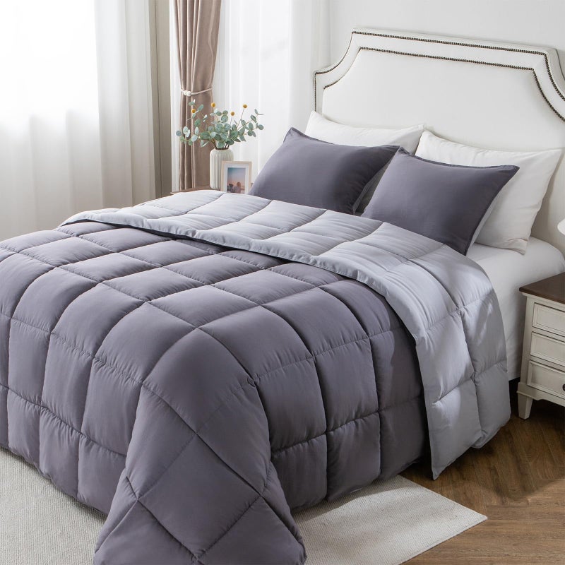 KASENTEX Twin/Twin XL Comforter Set â€“ Reversible Dual Color â€“ Goose Down Alternative â€“ Ultra-Soft, Lightweight, Machine Washable, Maintain Fluffiness, All Season Warmth (Quartz Silver/Pebble Grey) - Image 1