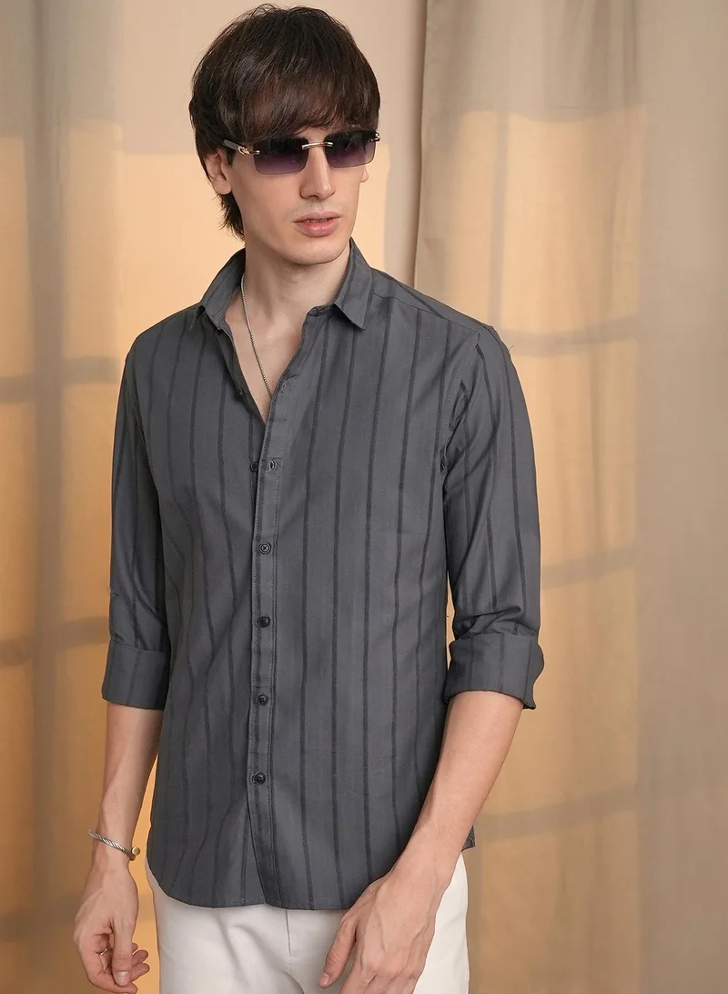 Campus Sutra Men's Charcoal Grey Pencil-Striped Shirt