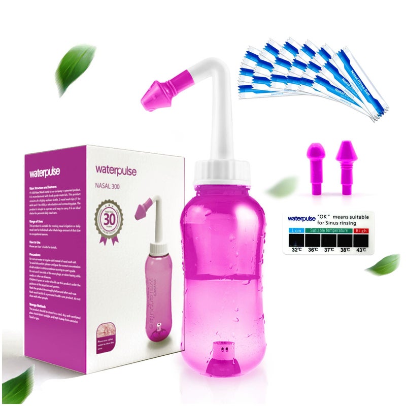 Waterpulse Neti Pot Sinus Rinsing Nasal Wash Bottle Sinus Rinsing Bottle Cleaner Pressure Irrigation NetiPot with Sticker Thermometer for Adult Kid BPA Free Pink