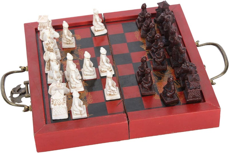 klarako Chinese Xi'an Terracotta Warriors Antique Chess Set 8"x8" Folding Chessboard Handmade Carved Unique Vintage Collectible Board Game - Image 1