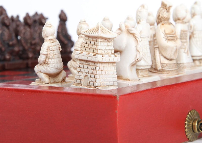 klarako Chinese Xi'an Terracotta Warriors Antique Chess Set 8"x8" Folding Chessboard Handmade Carved Unique Vintage Collectible Board Game - Image 4