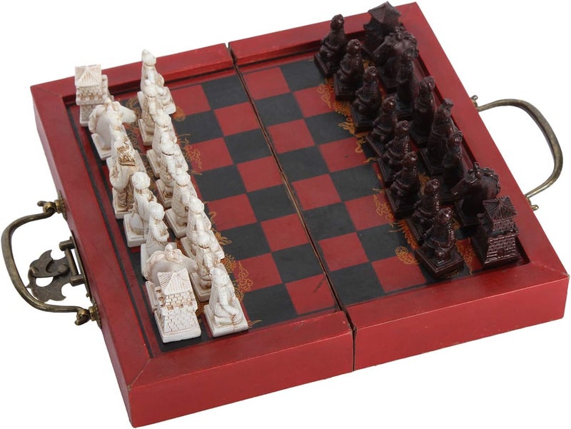 klarako Chinese Xi'an Terracotta Warriors Antique Chess Set 8"x8" Folding Chessboard Handmade Carved Unique Vintage Collectible Board Game - Image 3