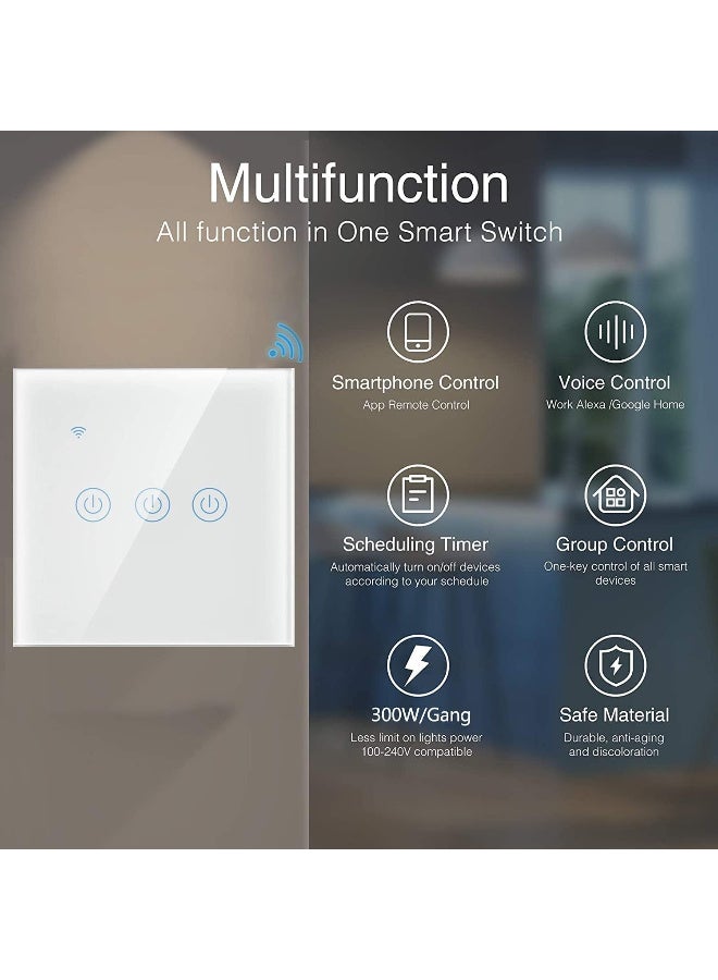Smart WiFi Wall Light Switch, No Neutral Wire Required, No Hub Required, Compatible with and Google Home, APP Remote Control, Timing Function, Voice Control (3 Gang, White) - Image 2