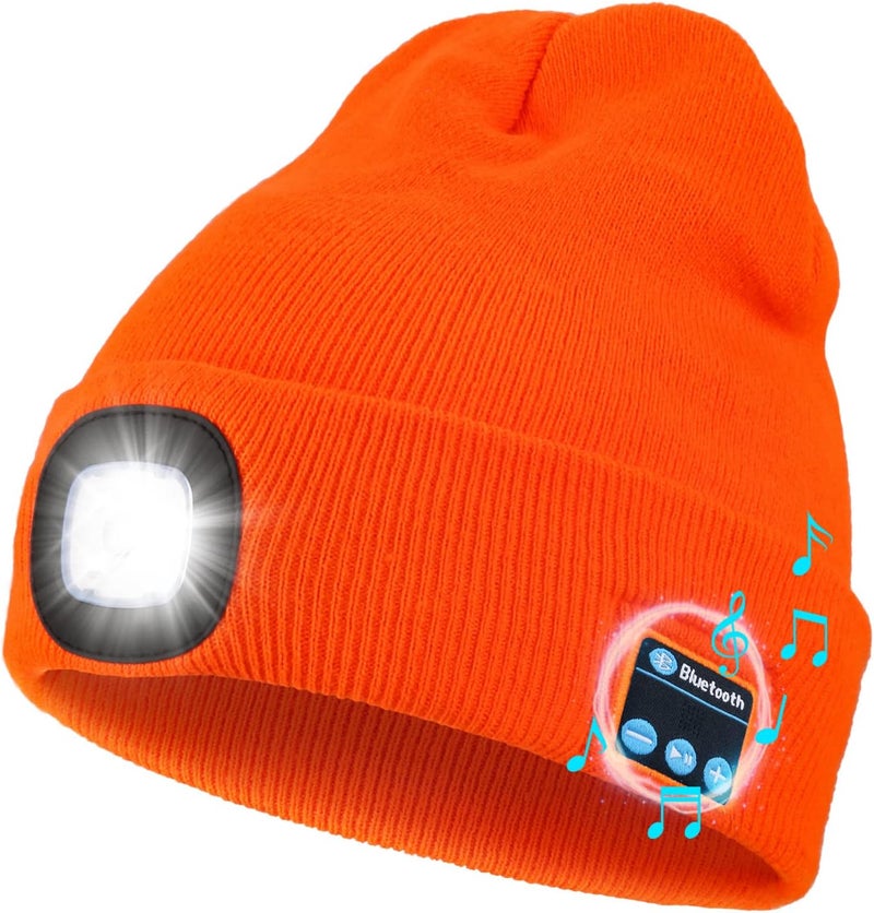 Wmcaps Bluetooth Beanie with a Light, Unisex USB Rechargeable 4 LED Fashlight Hat with Cordless Headphones, Unique Christmas Birthday Gifts for Men Him Husband Teen Orange - Image 1