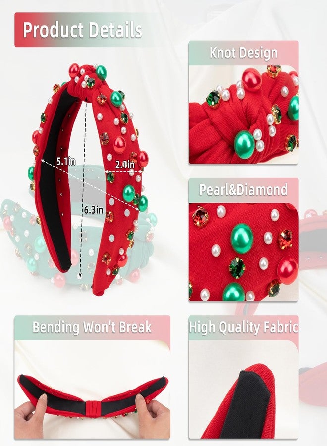 TULOBI Pearl Knotted Headband for Women - Crystal Embellished Wide Christmas Headband for Holiday, Xmas Party Outfits & Gifts (Red) - Image 2