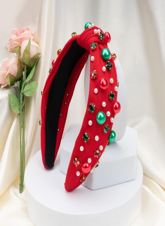 TULOBI Pearl Knotted Headband for Women - Crystal Embellished Wide Christmas Headband for Holiday, Xmas Party Outfits & Gifts (Red) - Image 5