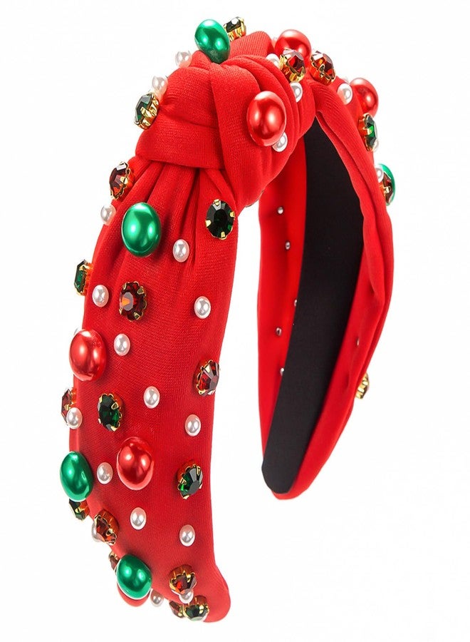 TULOBI Pearl Knotted Headband for Women - Crystal Embellished Wide Christmas Headband for Holiday, Xmas Party Outfits & Gifts (Red) - Image 1