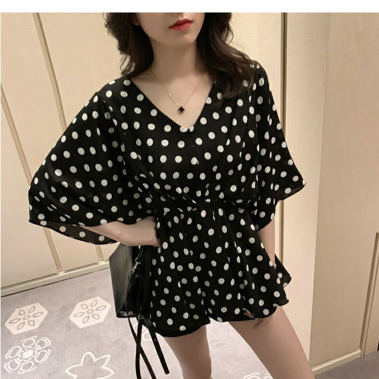 chubby girl Hong Kong Style Shirt Womens Chiffon Jacket Korean Summer 200 Jin Hidden Meat Belly Covering Design Niche Shirt Tide Black [polka dot good quality]