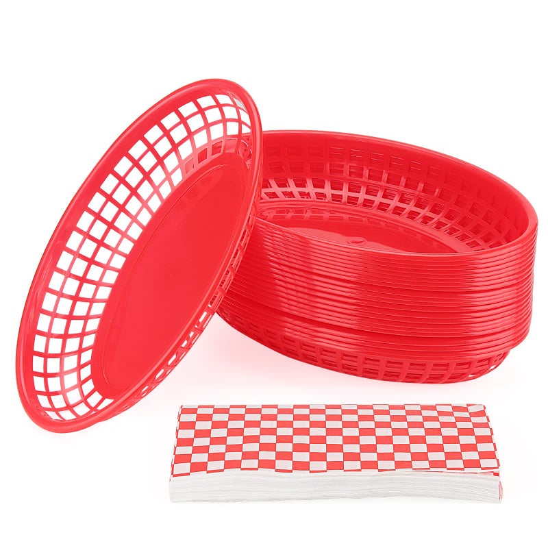 MANCHAP 50 Pack 88 x 55 Inch Red Fast Food Baskets Plastic Food Serving Baskets with 100 Checkered Deli Liners Oval Food Baskets for Deli Fast Food Service Hot Dogs Burgers