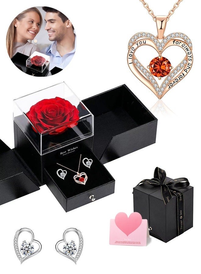 كيلا مجموعة هدايا من الزهور المحفوظة، وردة حمراء أبدية مع قلادة وأقراط، هدية مثالية للأم، الابنة، الصديقة، الزوجة في ذكرى الزواج أو عيد الميلاد - Image 1