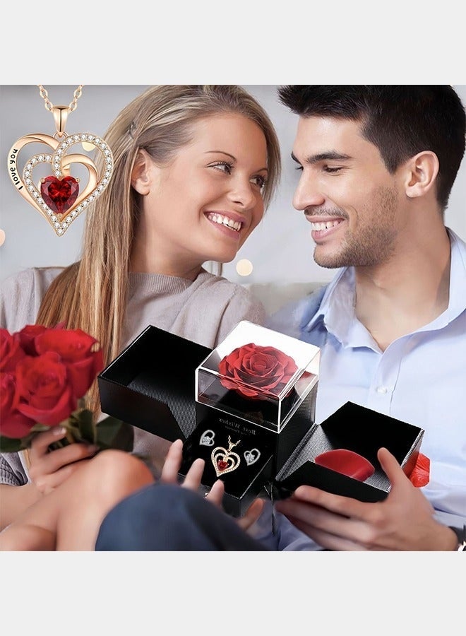 كيلا مجموعة هدايا من الزهور المحفوظة، وردة حمراء أبدية مع قلادة وأقراط، هدية مثالية للأم، الابنة، الصديقة، الزوجة في ذكرى الزواج أو عيد الميلاد - Image 5