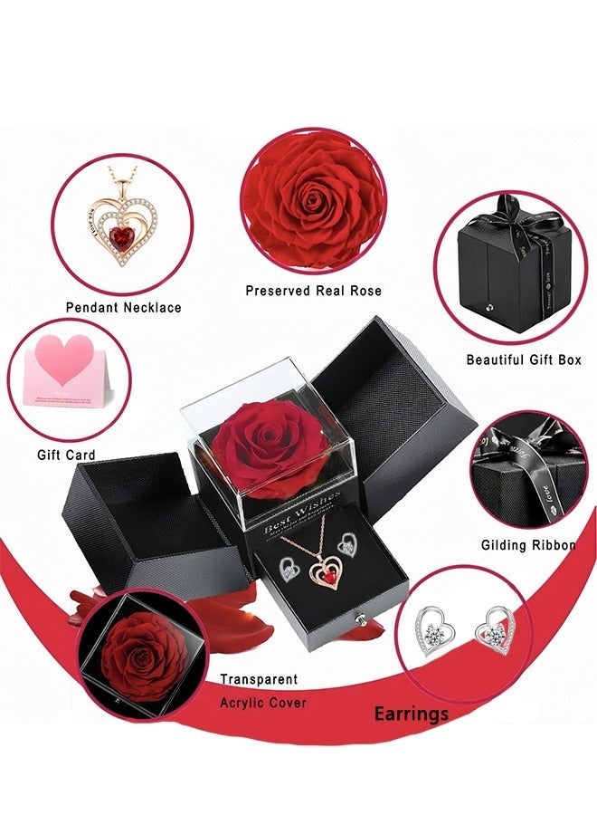 كيلا مجموعة هدايا من الزهور المحفوظة، وردة حمراء أبدية مع قلادة وأقراط، هدية مثالية للأم، الابنة، الصديقة، الزوجة في ذكرى الزواج أو عيد الميلاد - Image 3