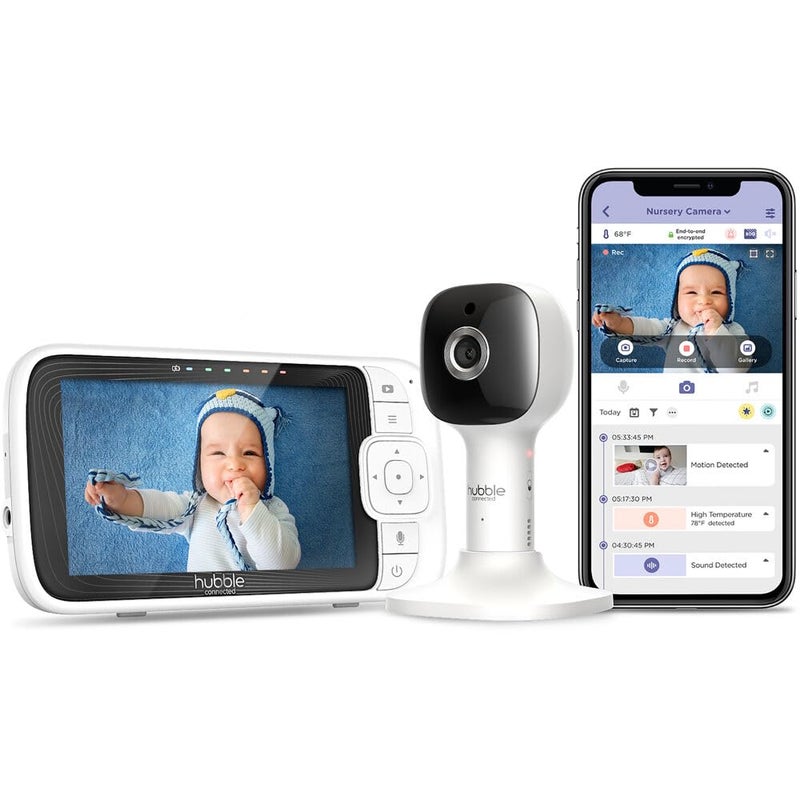 Hubble Connected Nursery Pal Cloud Smart Connected, Wi-Fi Enabled Baby Monitor with 5-Inch HD Color Parent Unit Viewer, Soothing Sounds and White Noise, 7-Color Night Light, Wall Mount, White - Image 1