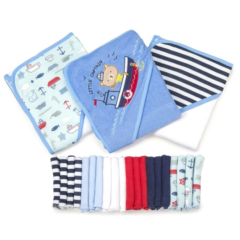 Spasilk 23-Piece Soft Terry Hooded Bath Towel and Washcloth Set, 3 Baby Towels and 20 Baby Washcloths for Newborn Boys and Girls, Navy Nautical - Image 1