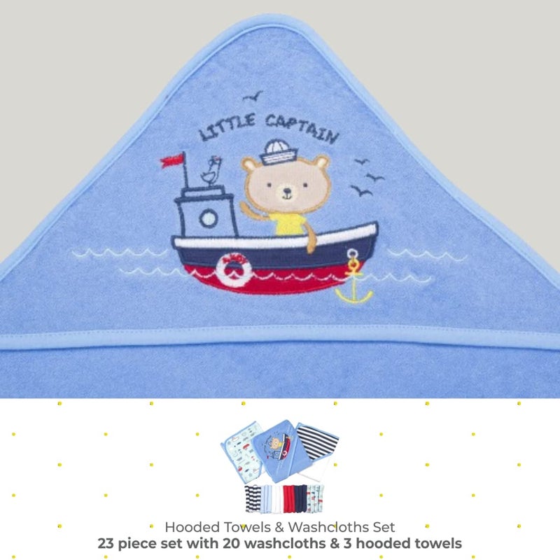 Spasilk 23-Piece Soft Terry Hooded Bath Towel and Washcloth Set, 3 Baby Towels and 20 Baby Washcloths for Newborn Boys and Girls, Navy Nautical - Image 2